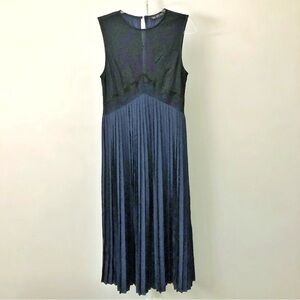 ZARA Pleated & Lace Romantic Elegant Navy Sleeveless Midi Dress. XS